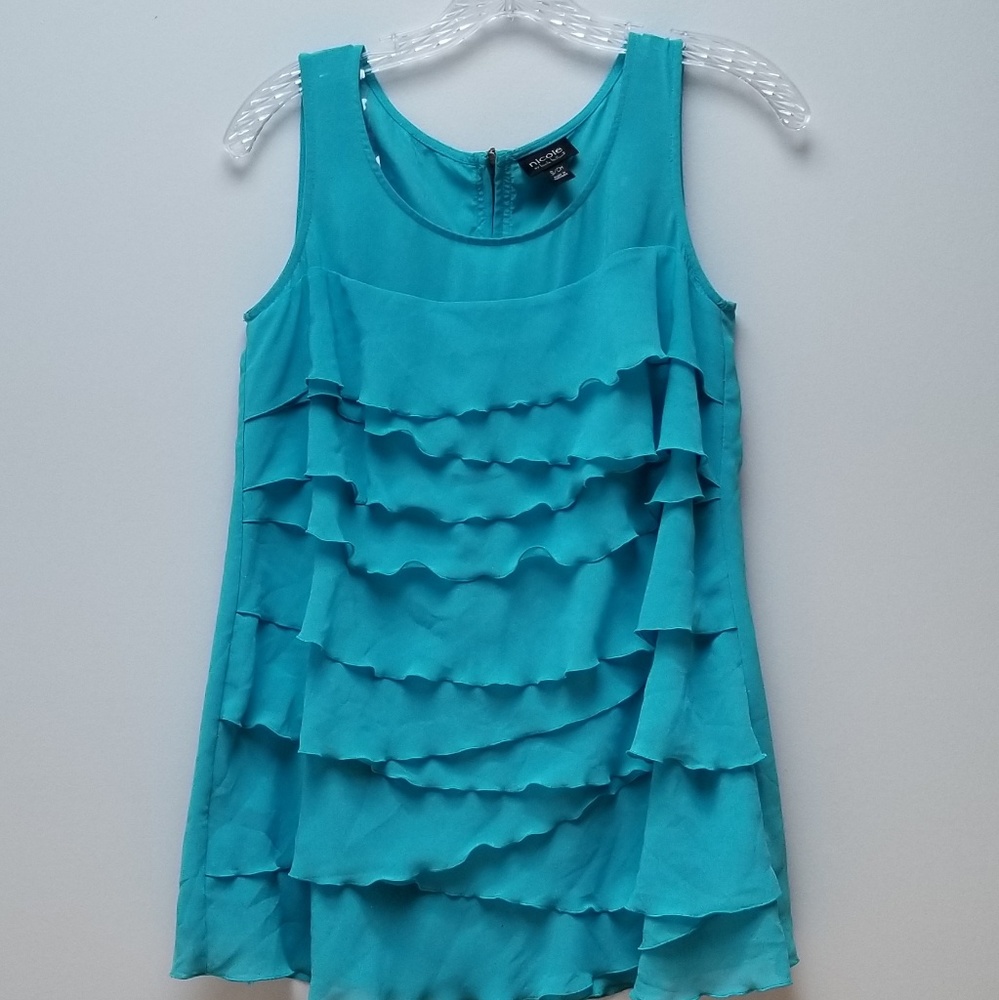 NICOLE MILLER | TURQUOISE RUFFLE BLOUSE, SZ S